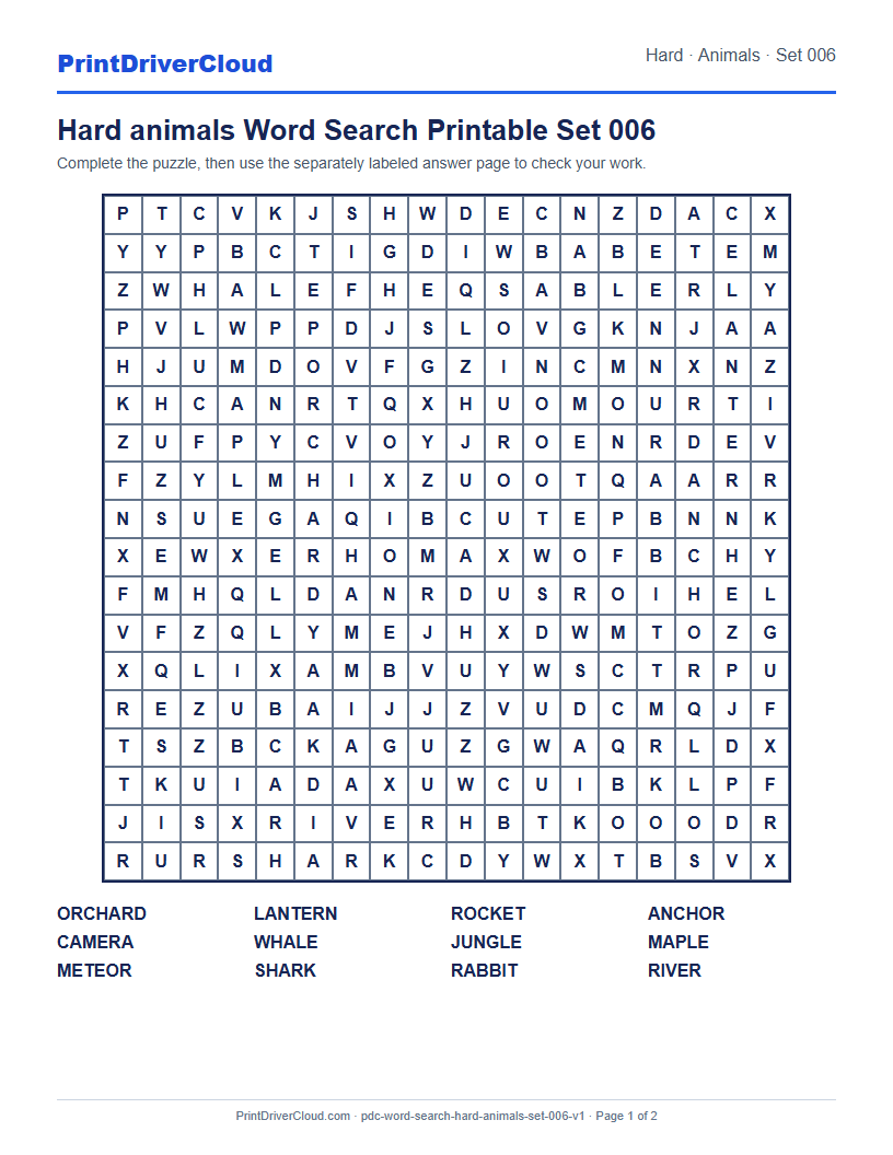 Preview of Hard animals Word Search Printable Set 006