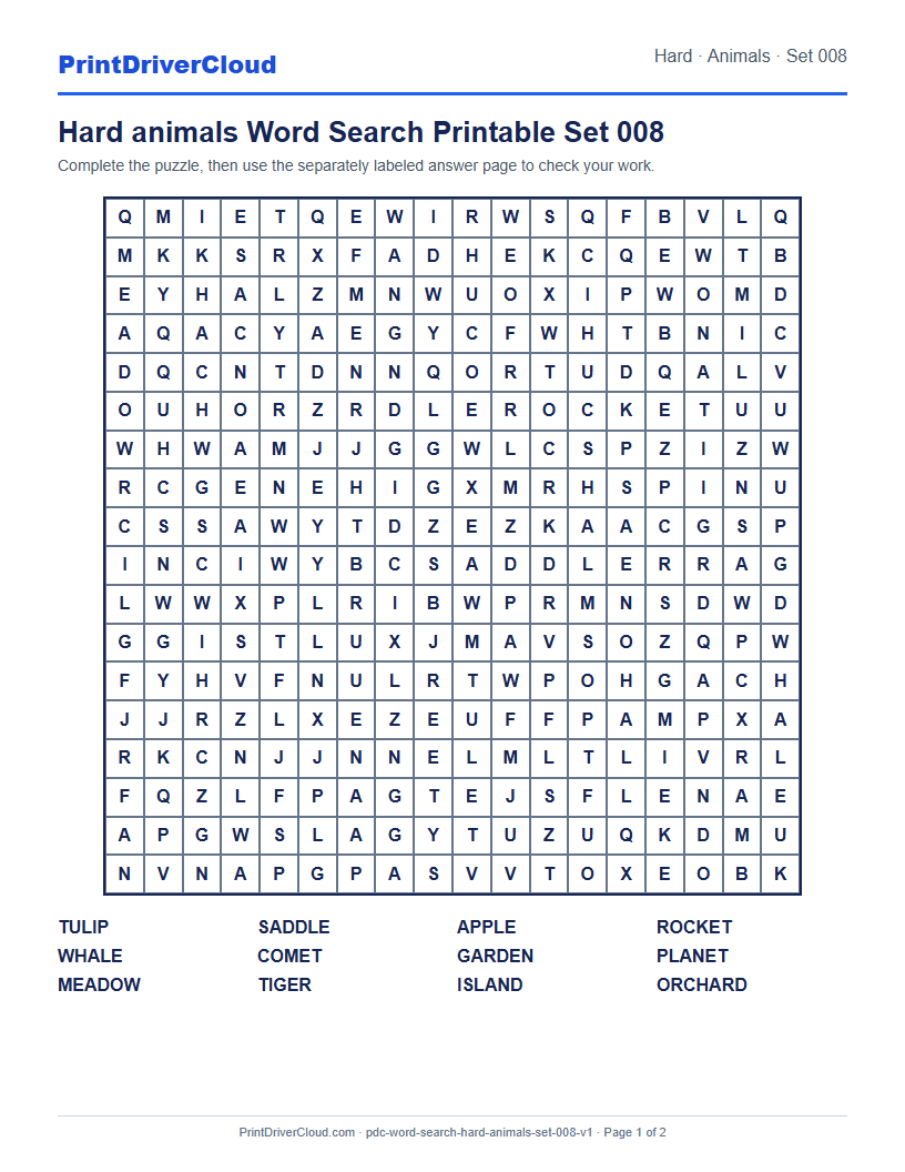 Preview of Hard animals Word Search Printable Set 008