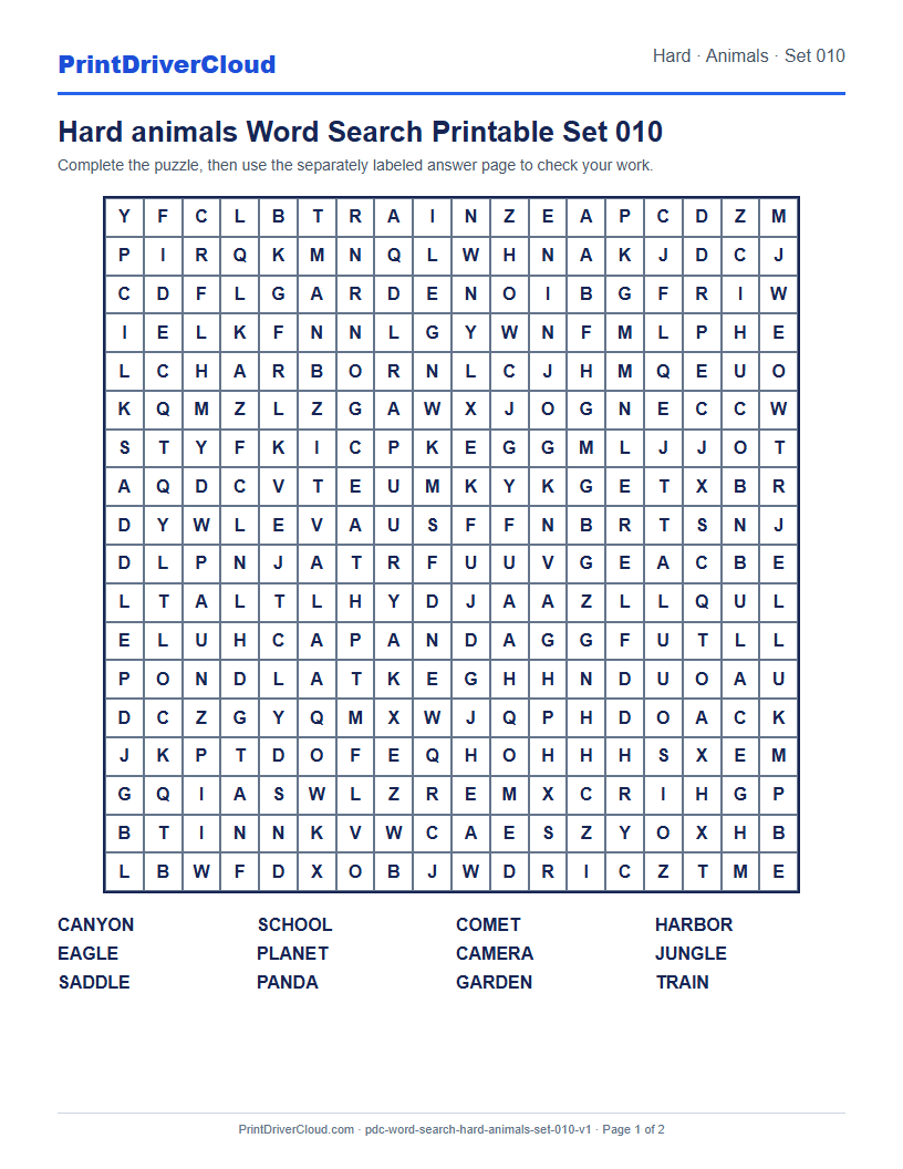 Preview of Hard animals Word Search Printable Set 010