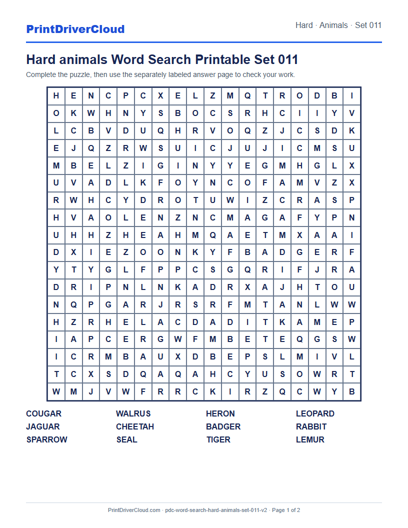 Hard Animals Word Search Printable Set 011 preview