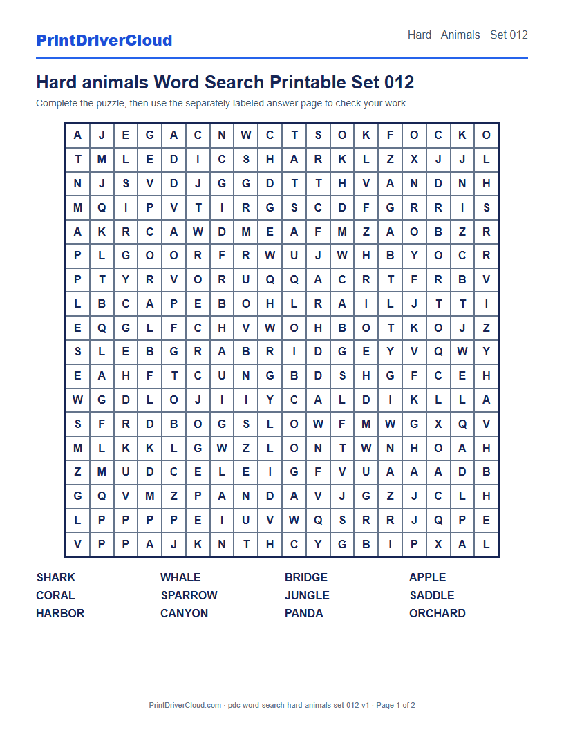 Preview of Hard animals Word Search Printable Set 012