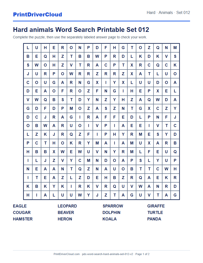 Hard Animals Word Search Printable Set 012 preview