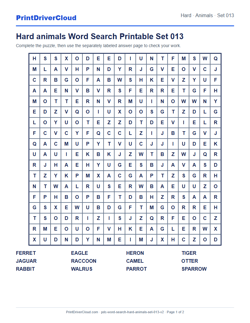 Hard Animals Word Search Printable Set 013 preview