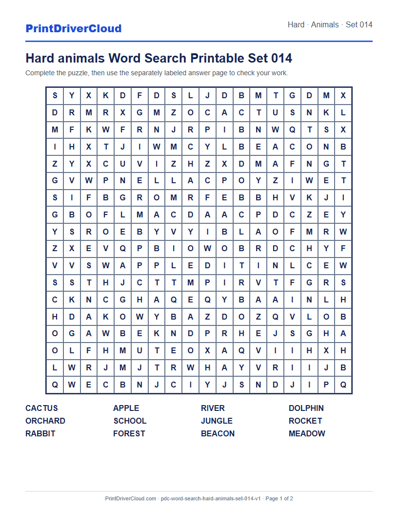 Preview of Hard animals Word Search Printable Set 014