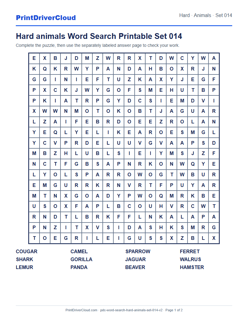 Hard Animals Word Search Printable Set 014 preview
