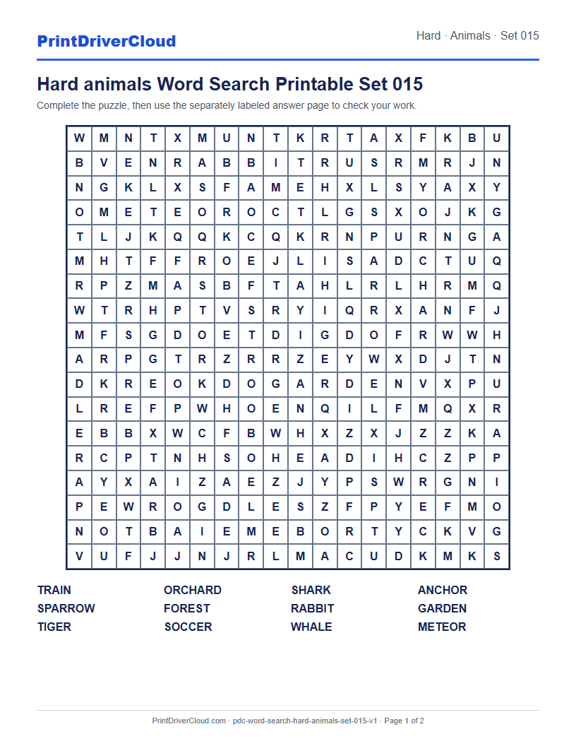 Preview of Hard animals Word Search Printable Set 015