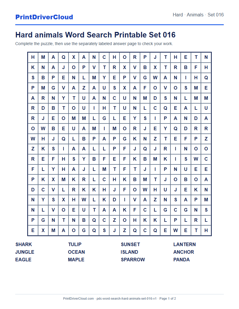 Preview of Hard animals Word Search Printable Set 016