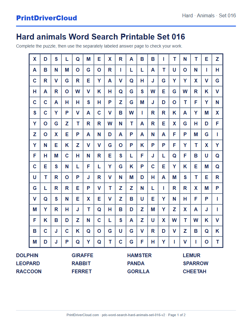 Hard Animals Word Search Printable Set 016 preview