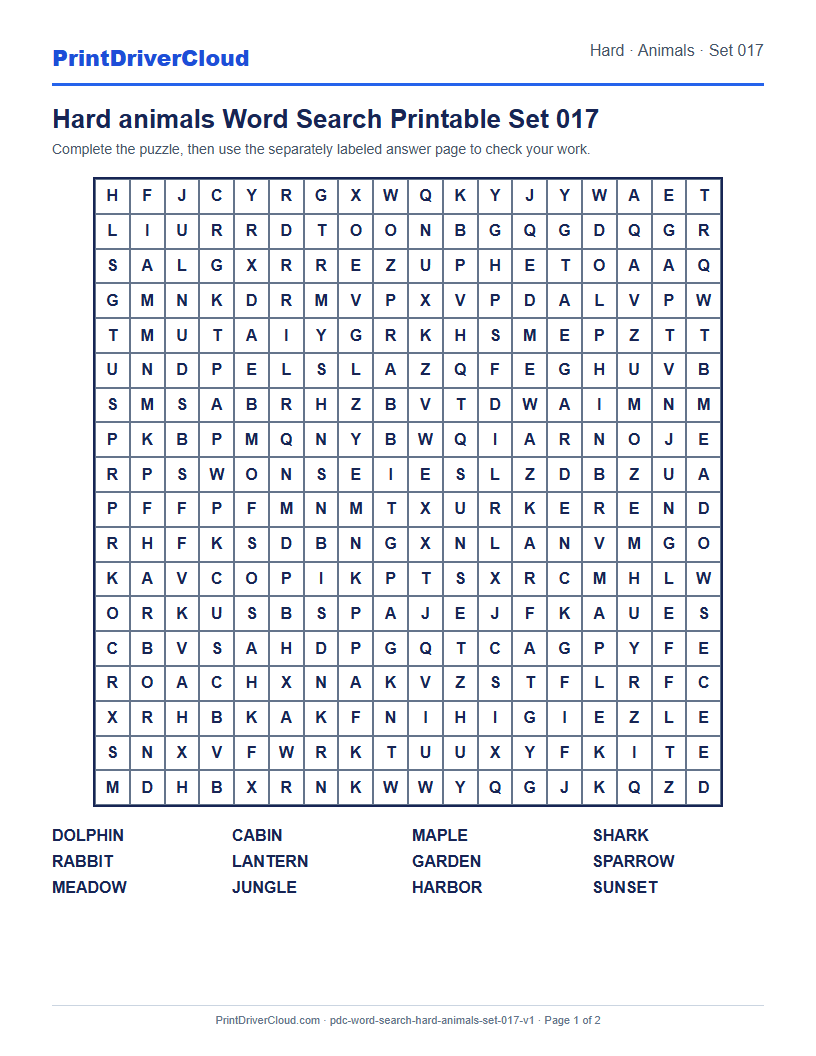 Preview of Hard animals Word Search Printable Set 017