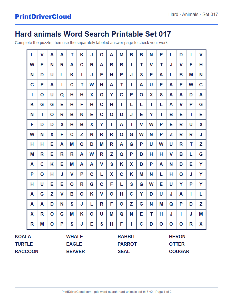Hard Animals Word Search Printable Set 017 preview