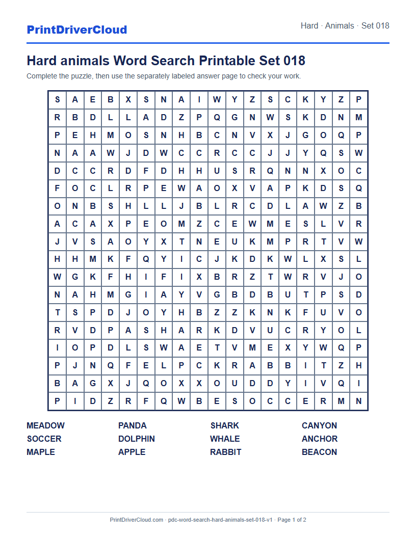 Preview of Hard animals Word Search Printable Set 018