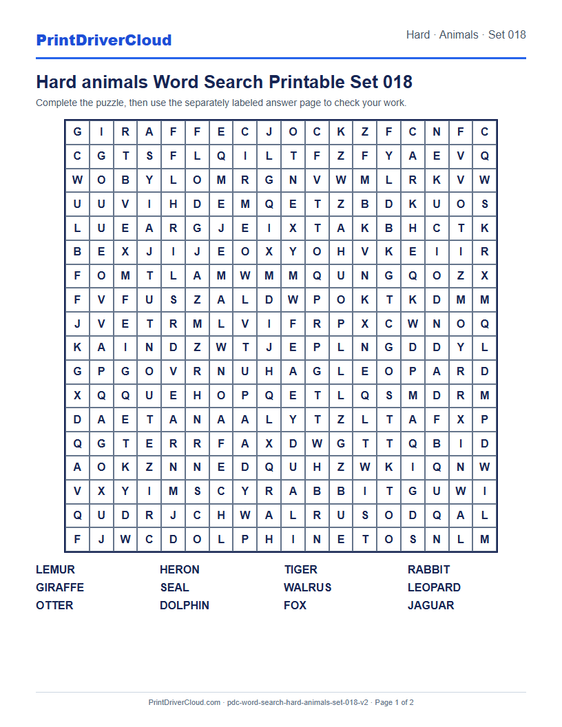Hard Animals Word Search Printable Set 018 preview