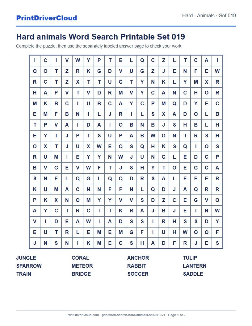 Preview of Hard animals Word Search Printable Set 019