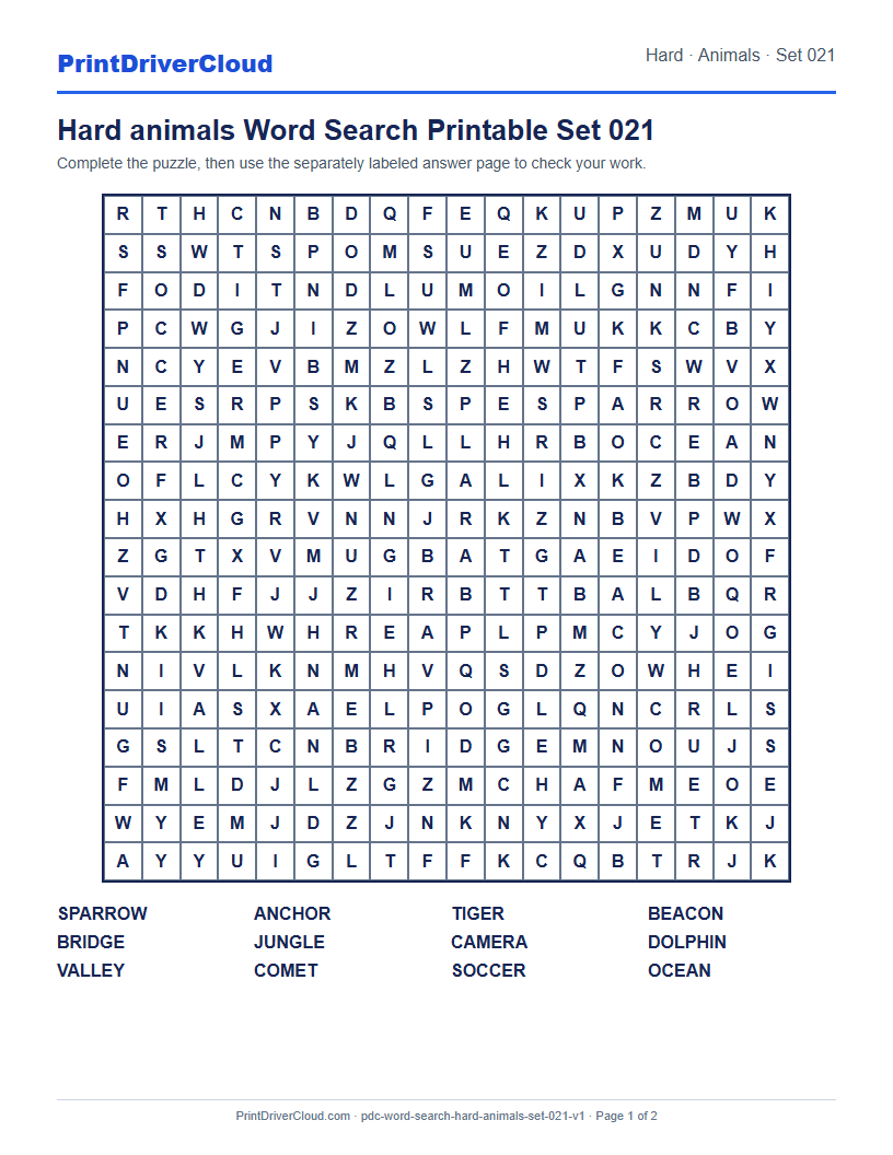 Preview of Hard animals Word Search Printable Set 021