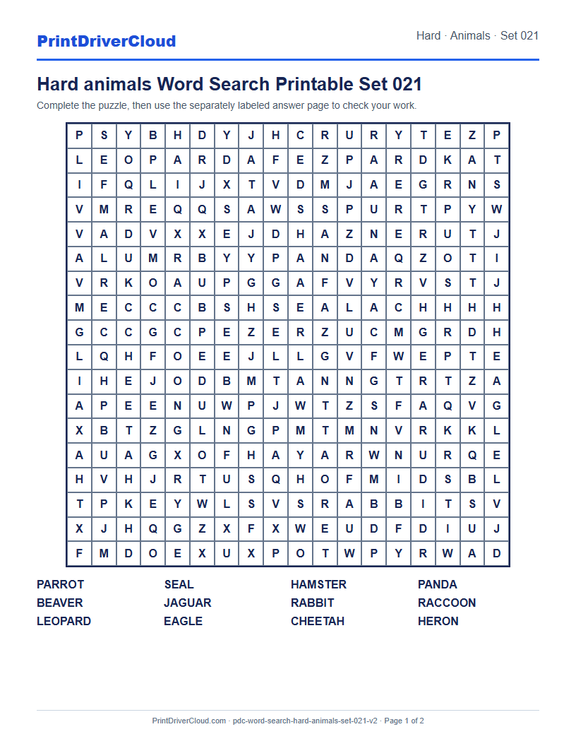 Hard Animals Word Search Printable Set 021 preview