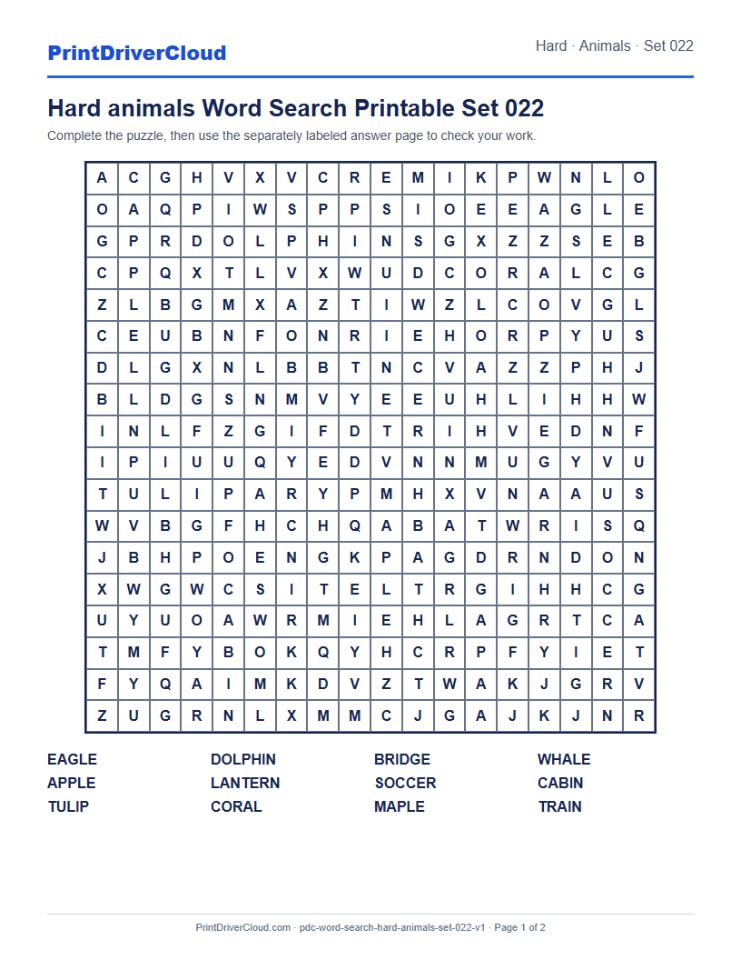 Preview of Hard animals Word Search Printable Set 022