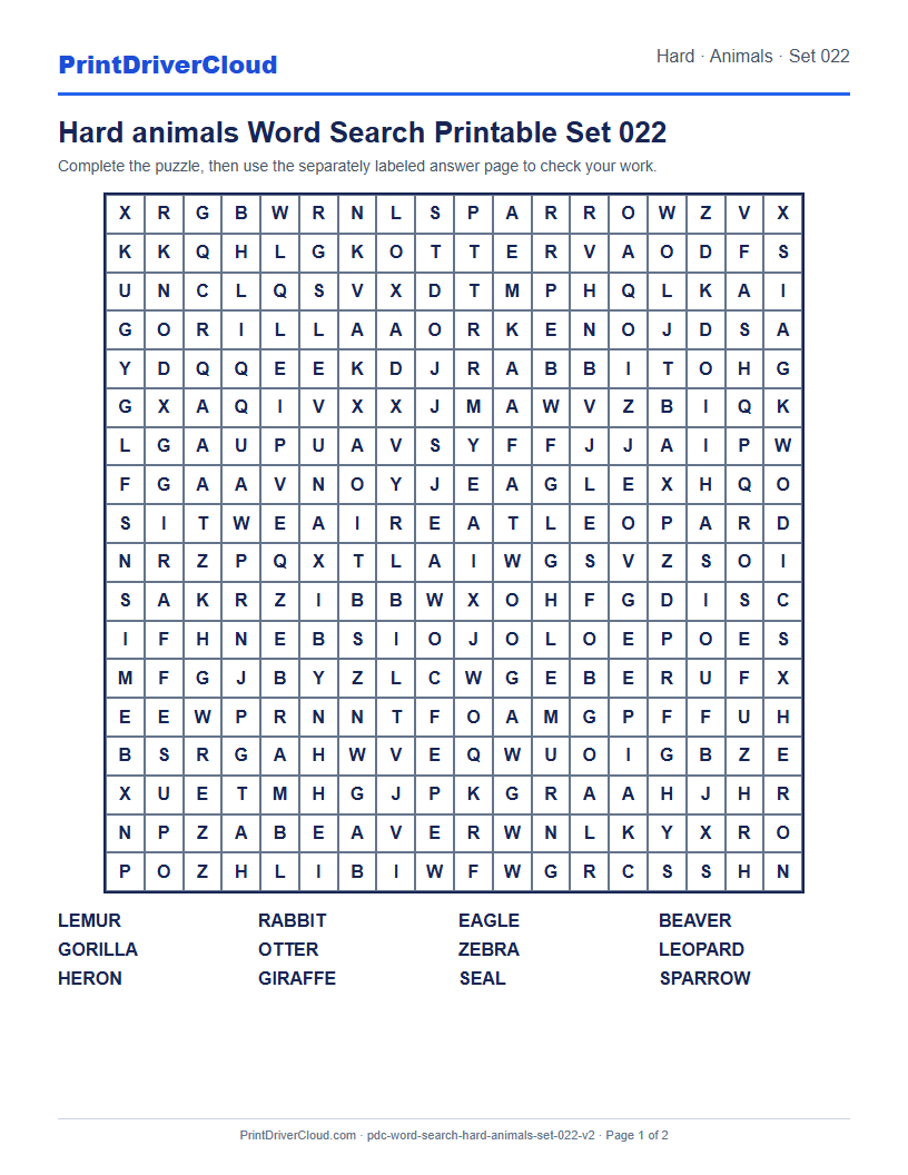 Hard Animals Word Search Printable Set 022 preview