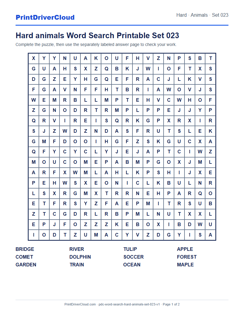Preview of Hard animals Word Search Printable Set 023