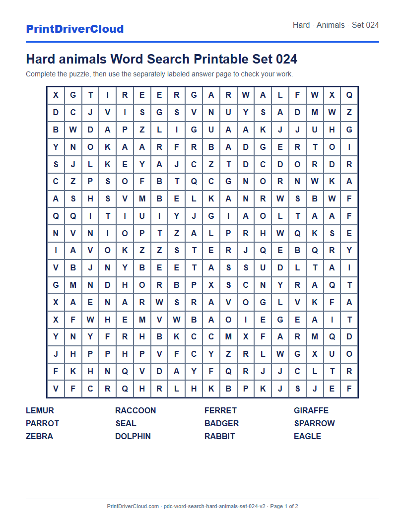Hard Animals Word Search Printable Set 024 preview