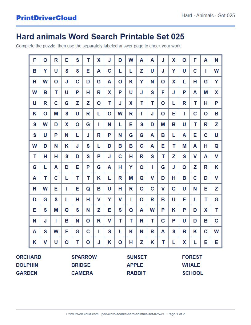Preview of Hard animals Word Search Printable Set 025