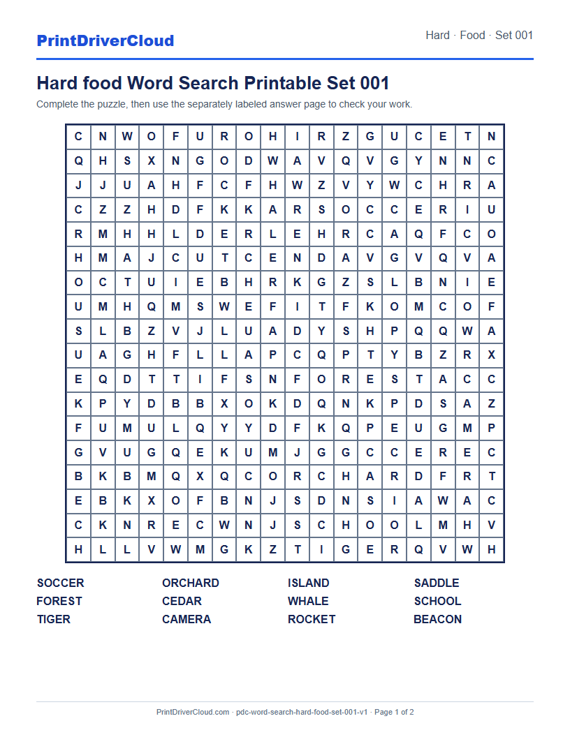 Preview of Hard food Word Search Printable Set 001
