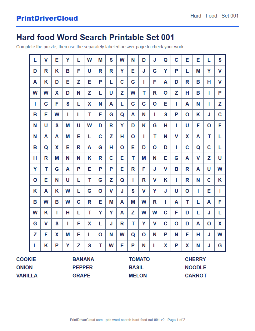 Hard Food Word Search Printable Set 001 preview