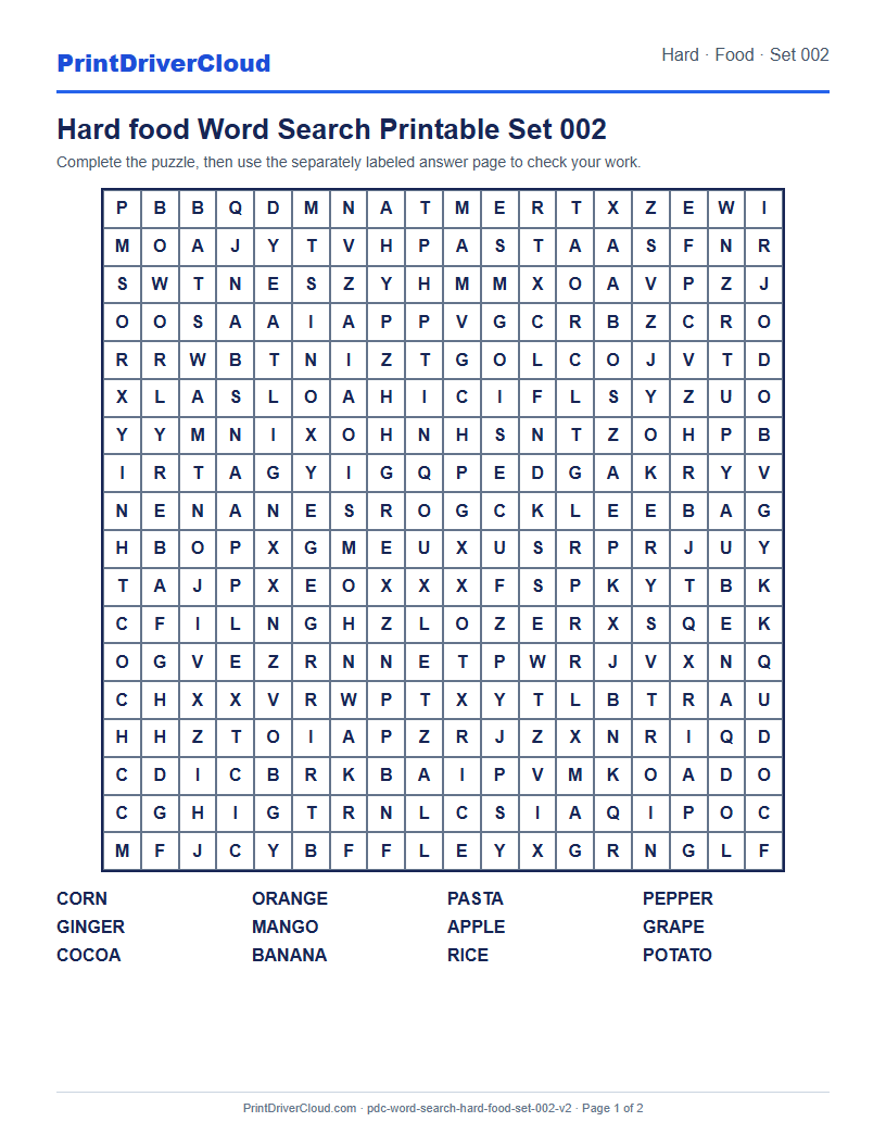 Hard Food Word Search Printable Set 002 preview