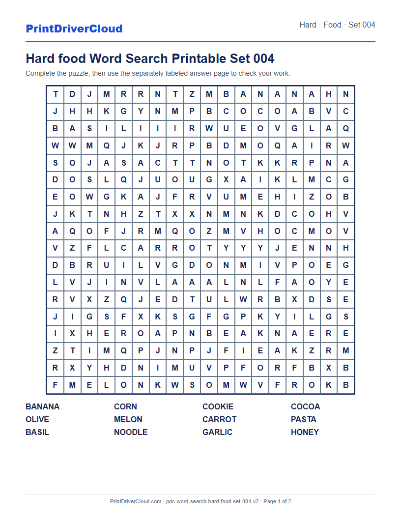 Hard Food Word Search Printable Set 004 preview