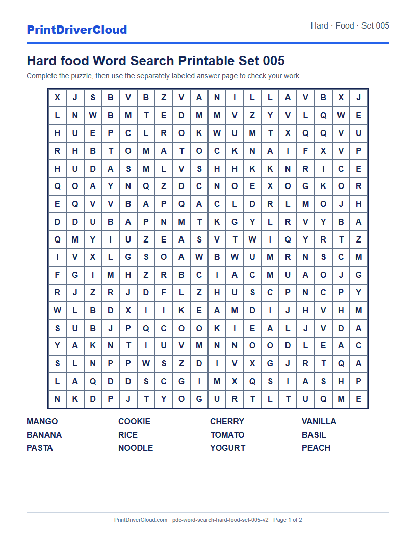 Hard Food Word Search Printable Set 005 preview