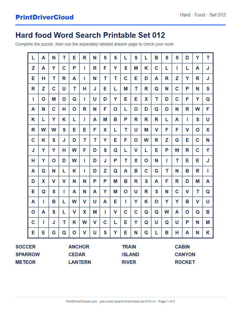 Preview of Hard food Word Search Printable Set 012