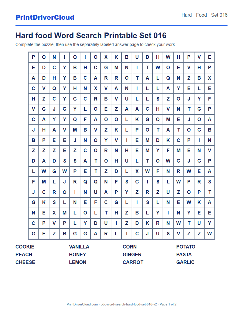 Hard Food Word Search Printable Set 016 preview