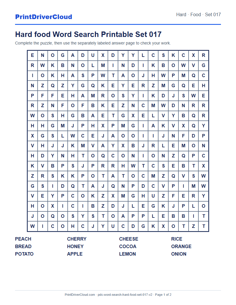 Hard Food Word Search Printable Set 017 preview