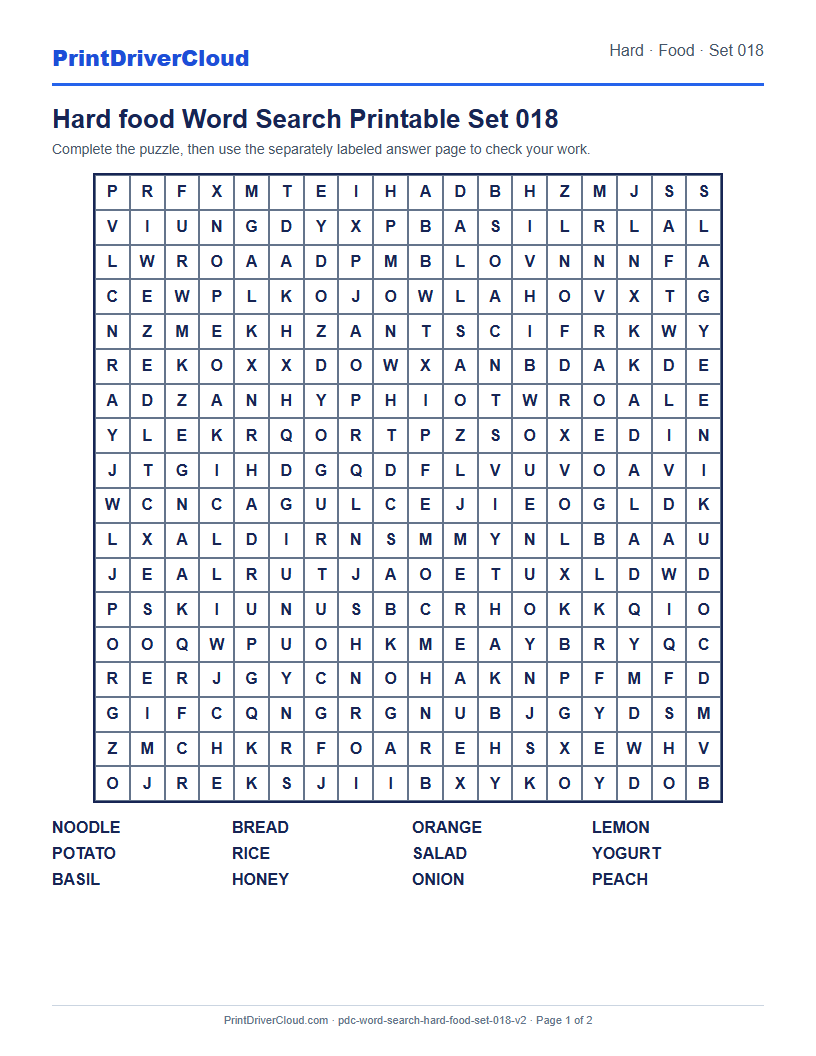 Hard Food Word Search Printable Set 018 preview