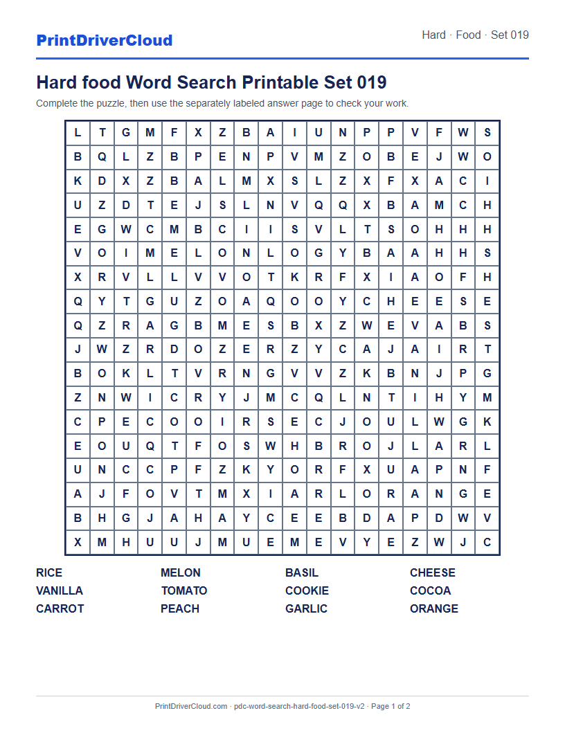 Hard Food Word Search Printable Set 019 preview
