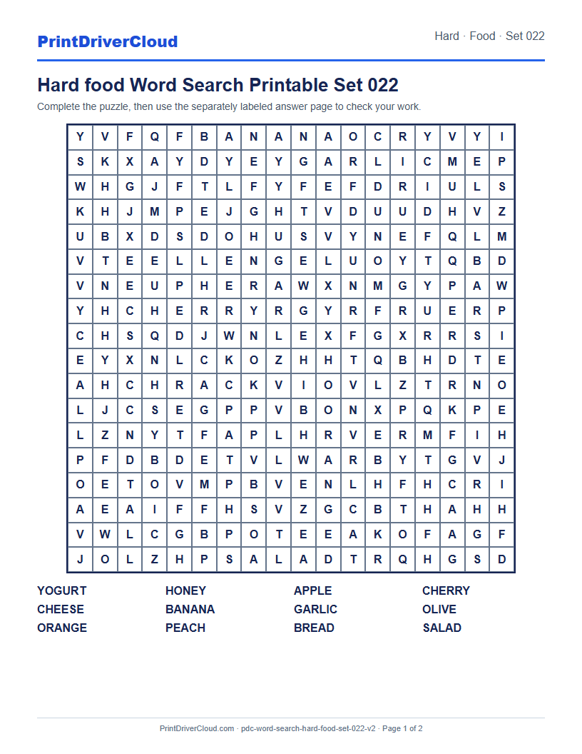 Hard Food Word Search Printable Set 022 preview