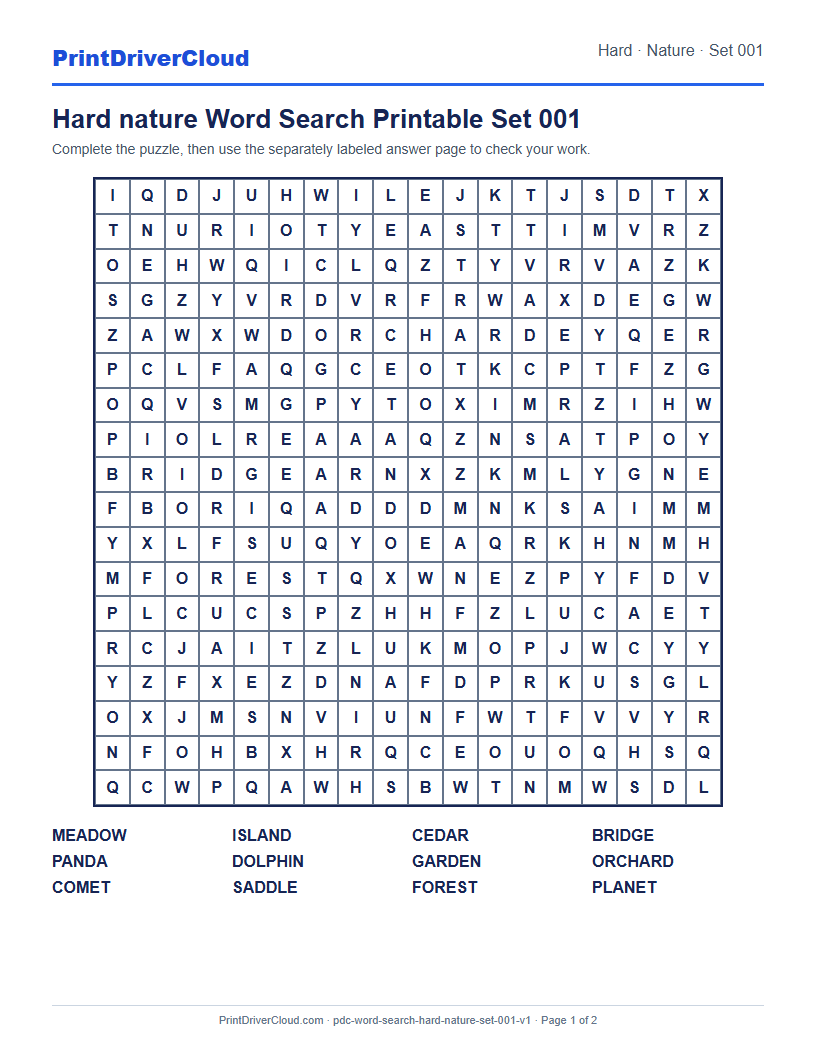 Preview of Hard nature Word Search Printable Set 001