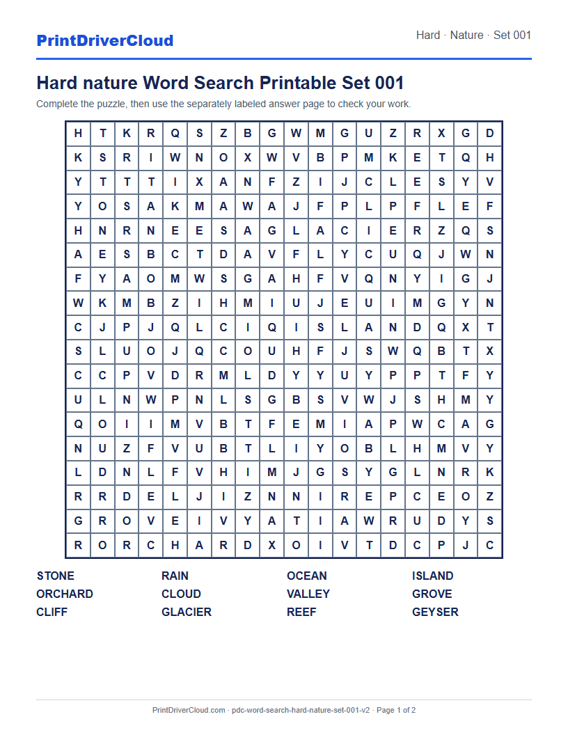 Hard Nature Word Search Printable Set 001 preview