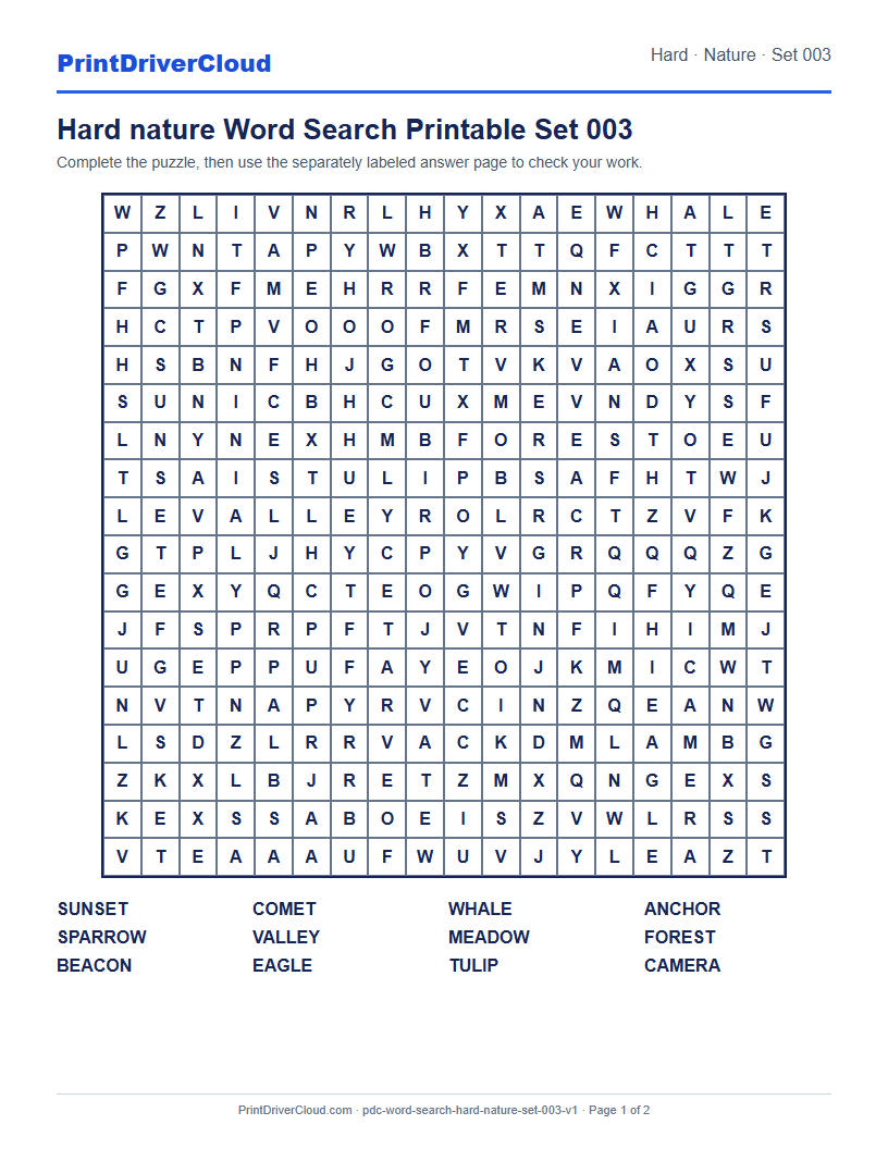 Preview of Hard nature Word Search Printable Set 003