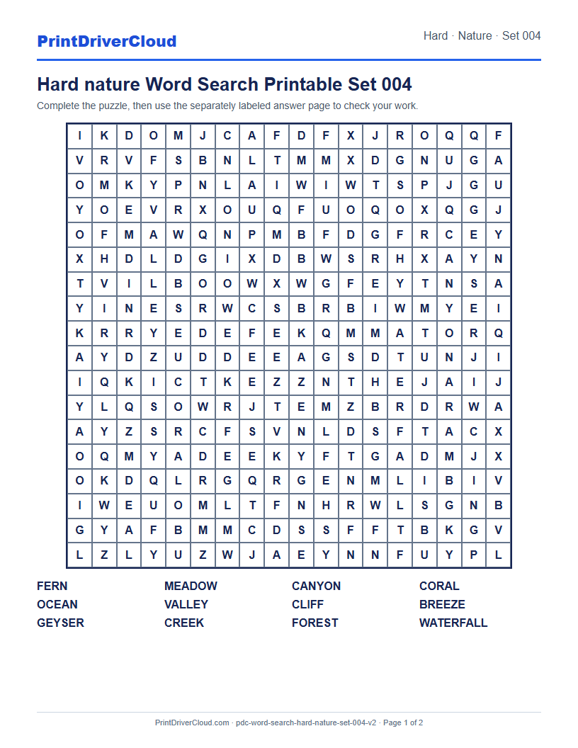 Hard Nature Word Search Printable Set 004 preview