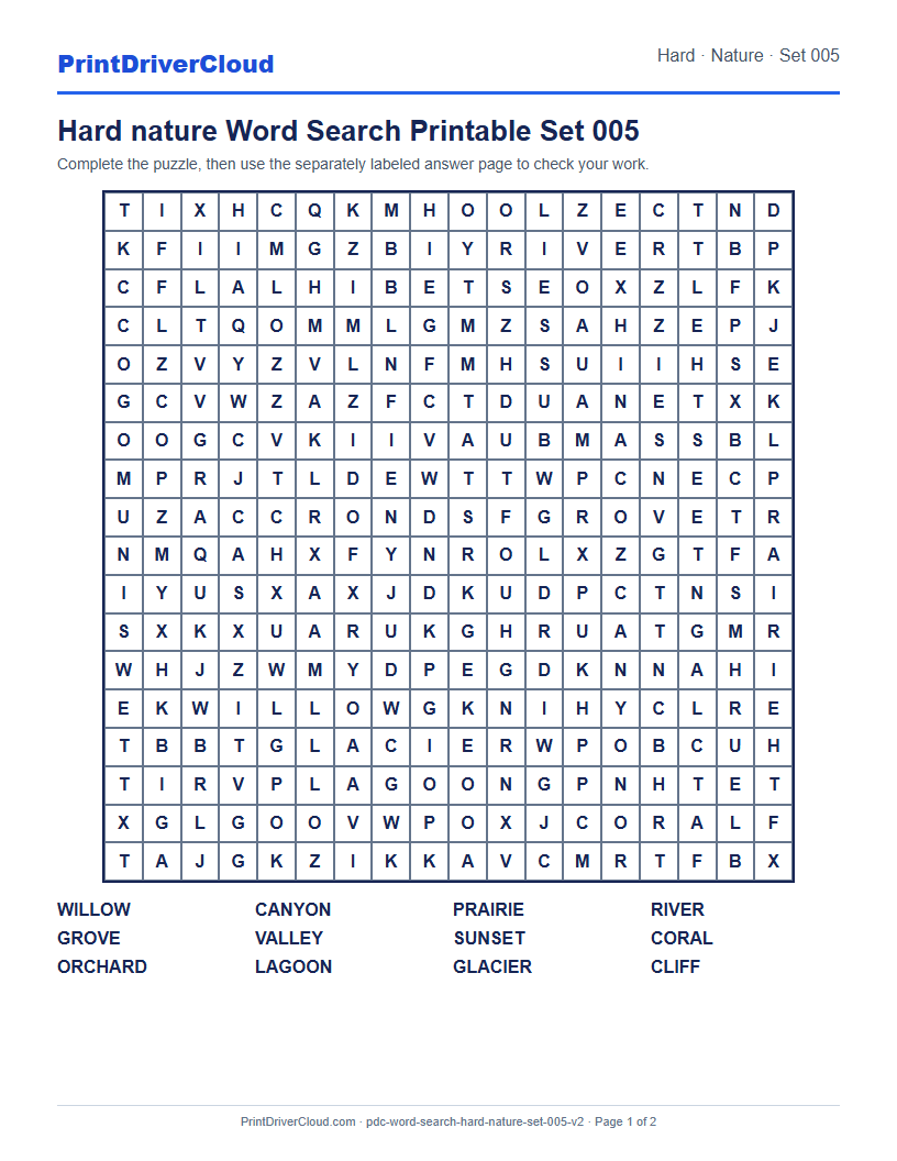 Hard Nature Word Search Printable Set 005 preview