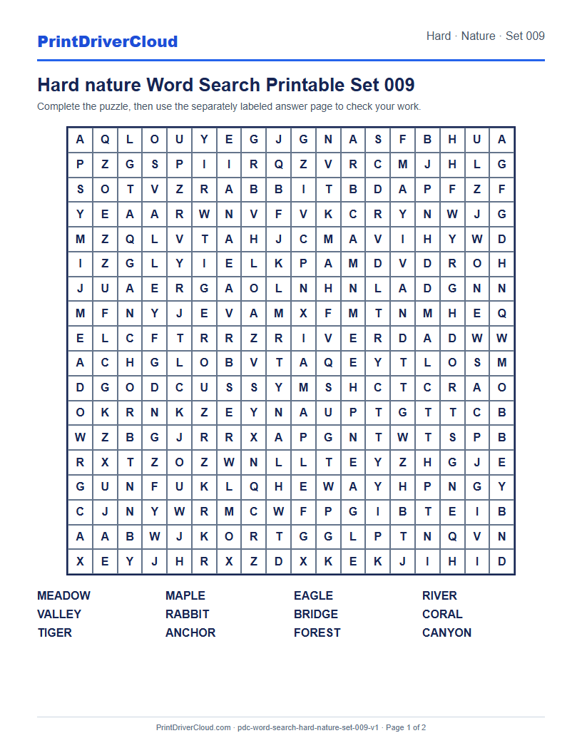 Preview of Hard nature Word Search Printable Set 009