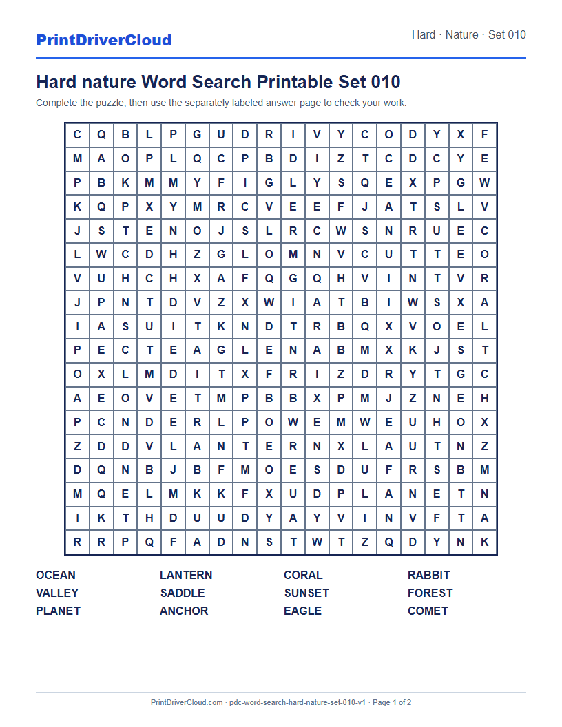 Preview of Hard nature Word Search Printable Set 010