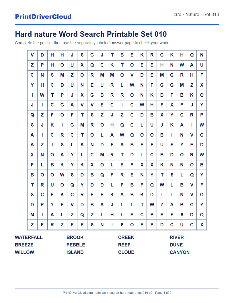Hard Nature Word Search Printable Set 010 preview