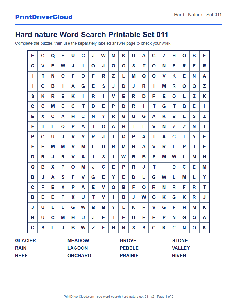 Hard Nature Word Search Printable Set 011 preview