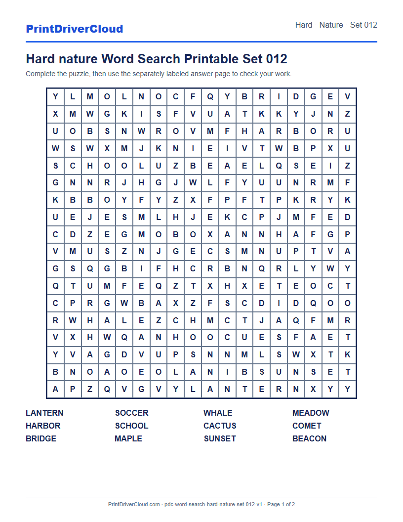 Preview of Hard nature Word Search Printable Set 012