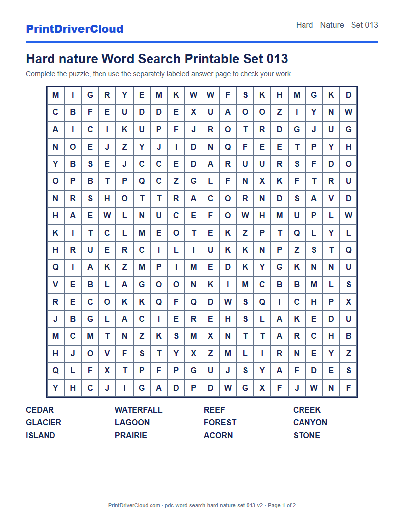 Hard Nature Word Search Printable Set 013 preview