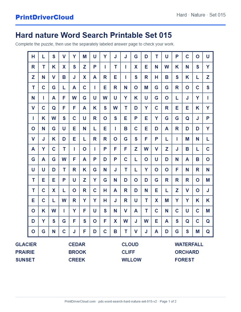Hard Nature Word Search Printable Set 015 preview