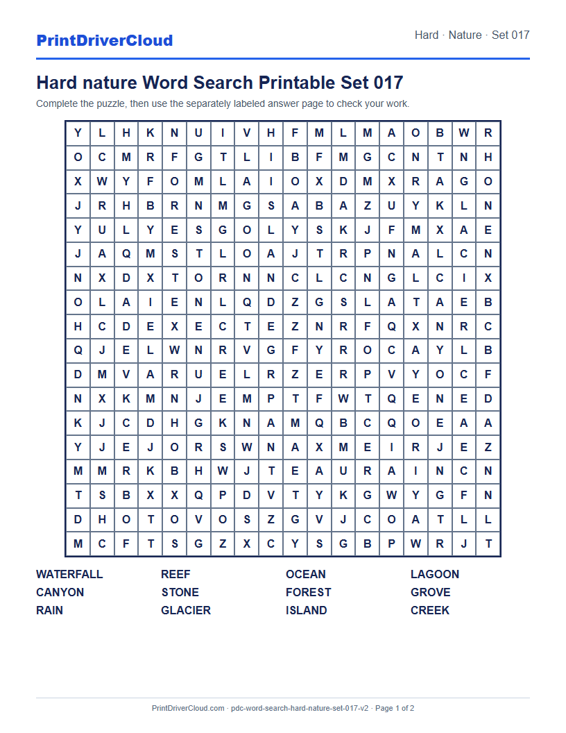 Hard Nature Word Search Printable Set 017 preview