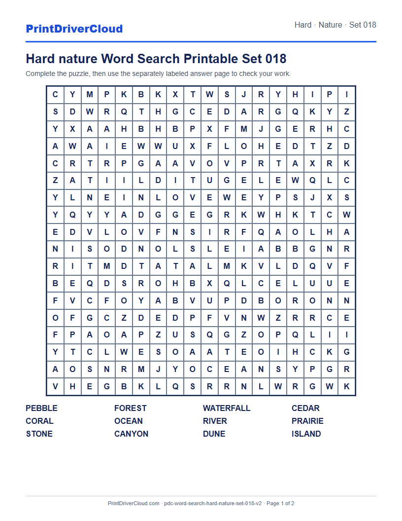 Hard Nature Word Search Printable Set 018 preview