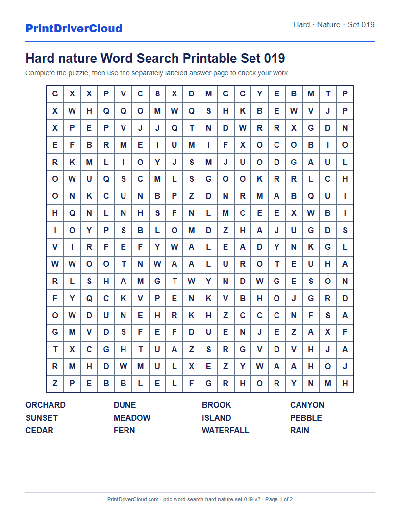 Hard Nature Word Search Printable Set 019 preview